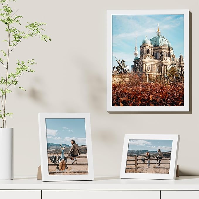 Vittanly 11x14 Picture Frames Set of 9, Shatter Resistant Plexiglass, Display 8x10 Pictures with Mat or 11x14 without Mat, Photo Frames for Wall or Tabletop, Engineered Wood, White