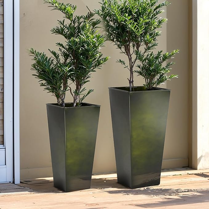 KOL 25'' & 28'' Tall Bright Glazed Planter with Insert, Set of 2, Galvanized Steel Planter Metal Pots with Drainage Hole for Indoor & Outdoor Use, Decorative Plant Pots for Front Porch, Patio - Green