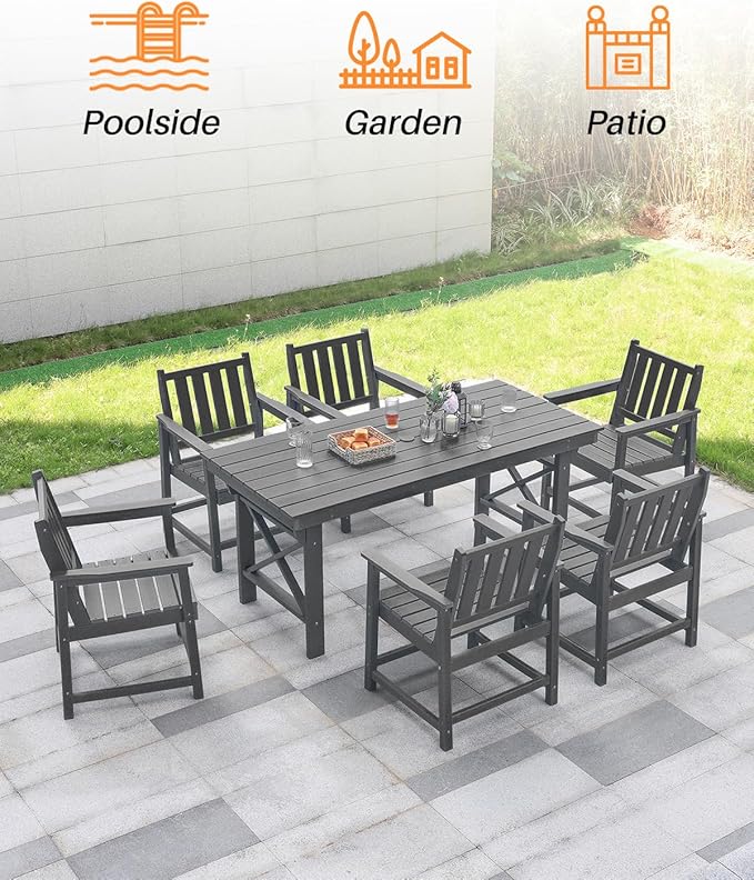 HDPE Patio Dining Set, 5-Piece Outdoor Table and Chairs with Umbrella Hole, Modern Outdoor Dining Set for 4, HDPE Outdoor Patio Furniture Dining Sets for Deck, Poolside, Porch, Smoke Gray