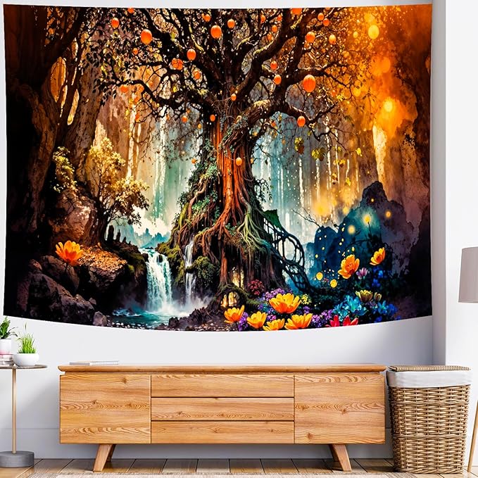 Delur Magical Forest Tapestry Fantasy Tree of Life Fairy Tale Enchanted Mystical Forest Tapestry Psychedelic Nature Landscape Wall Hanging Headboard for Bedroom Living Room Home Decor (59.1" x 78.7")
