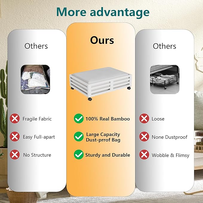 Bamboo Under Bed Storage Containers- Underbed Organizer with Wheels with Large Dust Bag,Sturdy Wood Rolling Under the Bed Shoe Storage Organizer Drawer 2 Packs (White, Small)