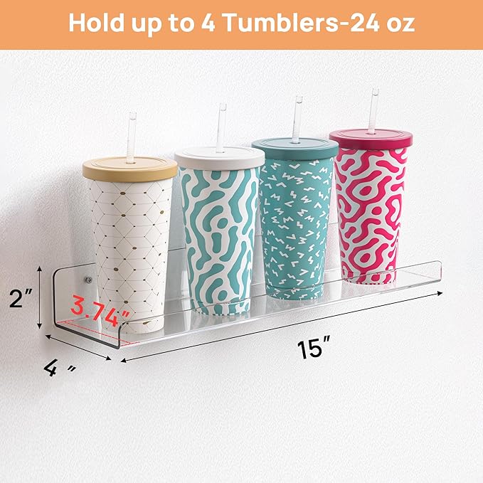 upsimples 4 Pack Acrylic Shelves for Wall Storage, 15" Floating Bookshelves for Kids, Display Shelf Organizer for Bathroom, Bedroom, Living Room, Kitchen, Room Decor, Clear