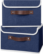 ANMINY 4PCS Storage Bins with Lid PU Leather Handles Storage Boxes PP Plastic Board Decorative Foldable Lidded Cotton Linen Fabric Home Cubes Baskets Closet Organizer Containers - Blue, Small Size