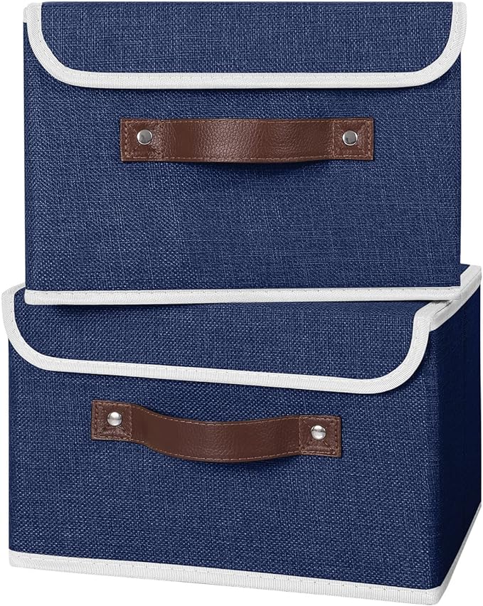 ANMINY 4PCS Storage Bins with Lid PU Leather Handles Storage Boxes PP Plastic Board Decorative Foldable Lidded Cotton Linen Fabric Home Cubes Baskets Closet Organizer Containers - Blue, Small Size