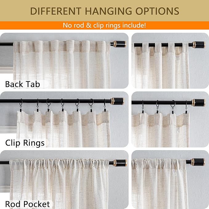 MYSKY HOME Linen Curtains 95 Inches Long for Sliding Glass Door, Farmhouse Semi Sheer Ceiling Curtains Living Room Light Filtering Back Tab Elegant Style Soft Fabric, 100" x 95", Linen, 1 Panel