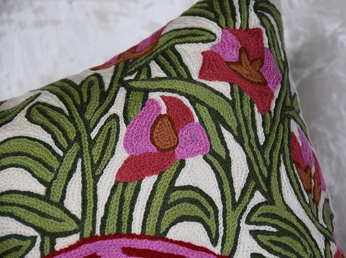 William Morris Flamingo Floral Pillow Cover - Hand Embroidered Modern Flower Pillowcase, Outdoor Cushion, Suzani Farmhouse Chair Throw, Couch Cushions - Wool, Size 18x18