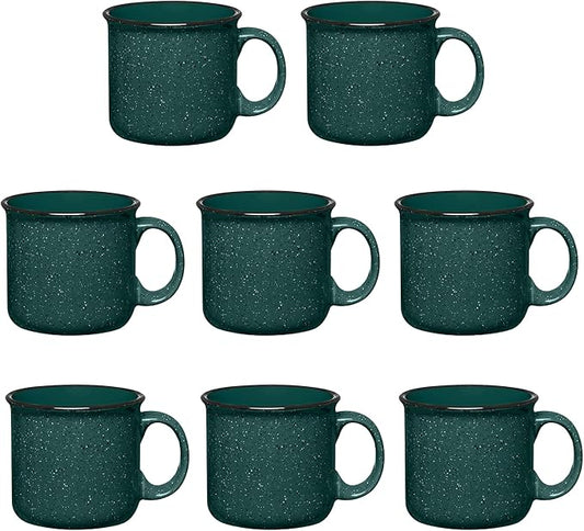 Set of 8 Ceramic Campfire Mugs – 15 Oz, Green – Coffee & Tea Cups for Home, Work, Travel, Camping – Customizable, Great for DIY, Events, Companies