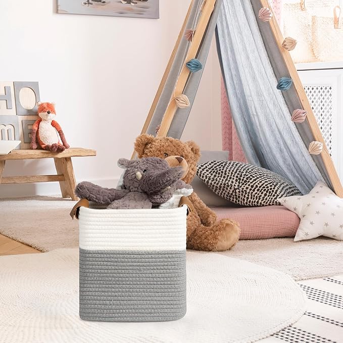danpinera 3 Pack 11"x11" Woven Basket for Organizing, Square Storage Baskets for Pillows, Towels, Toy, Clothes, Magazines, Decorative Storage Cubes for Bedroom, Living Room, Classroom, Grey
