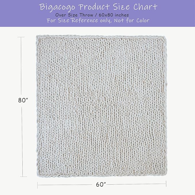 Bigacogo Chunky Knit Throw Blanket for Couch, 60x80 inches, 100% Hand Knitted with Thick Jumbo Chenille Yarn, Cozy Soft Large Rope Knot Cable Crochet Blankets for Sofa Bed Living Room, Ivory