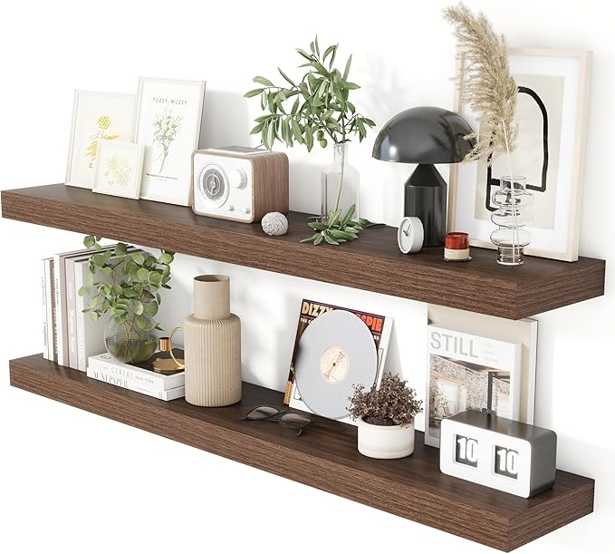 Heimlove 48 Inch Floating Shelves for Wall 8 Inch Deep Walnut Shelves Set of 2,Wall Mounted Rustic Wood Long Floating Shelf，Large Display & Storage Shelf with Invisible Brackets