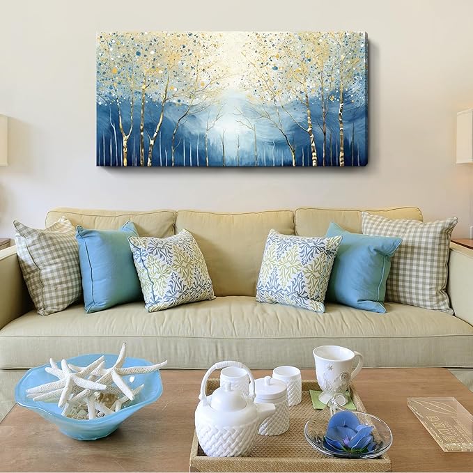 amatop Large Abstract Wall Art for Living Room Modern Tree of Life Canvas Art Print Nature-Inspired Navy Blue Wall Decor Landcape Artwork Birch Forest Picture Bedroom Office Dining Entryway 48x24 Inch