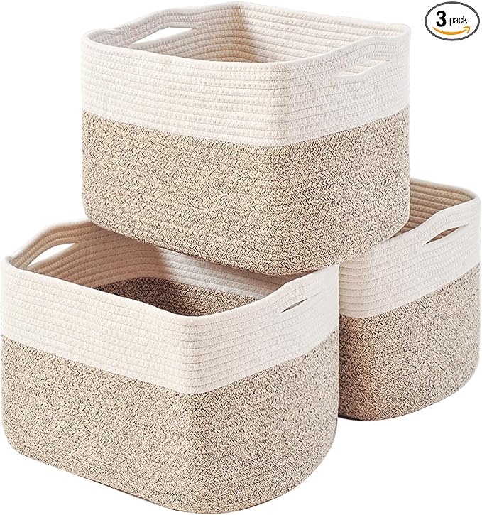 Storage Baskets for Organizing, Woven Cotton Rope Basket for Storage Books, Baby Organizing Baskets, Toy Storage Basket, 15"x11"x9.5", 3 Packs, Off White & Brown