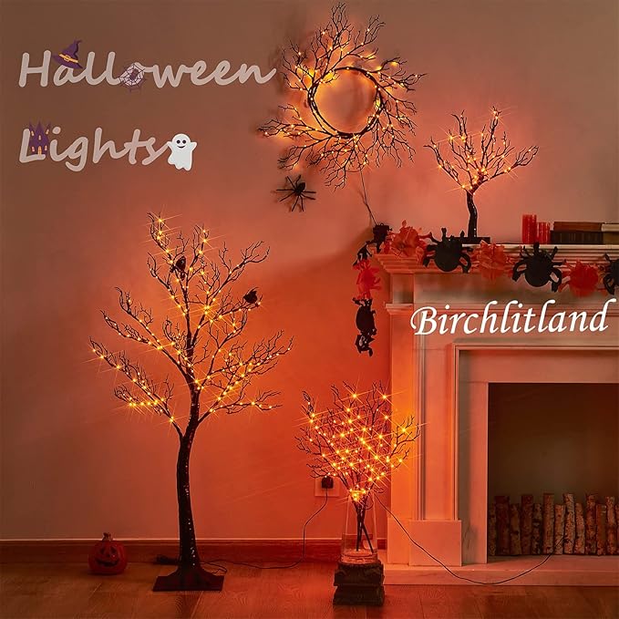 Birchlitland Halloween Lighted Garland 6FT 120L Orange and Purple Bi-Color LED Lights 8 Functions, Black Glittered Garland Lights Battery Operated for Indoor and Outdoor Halloween Party Decoration