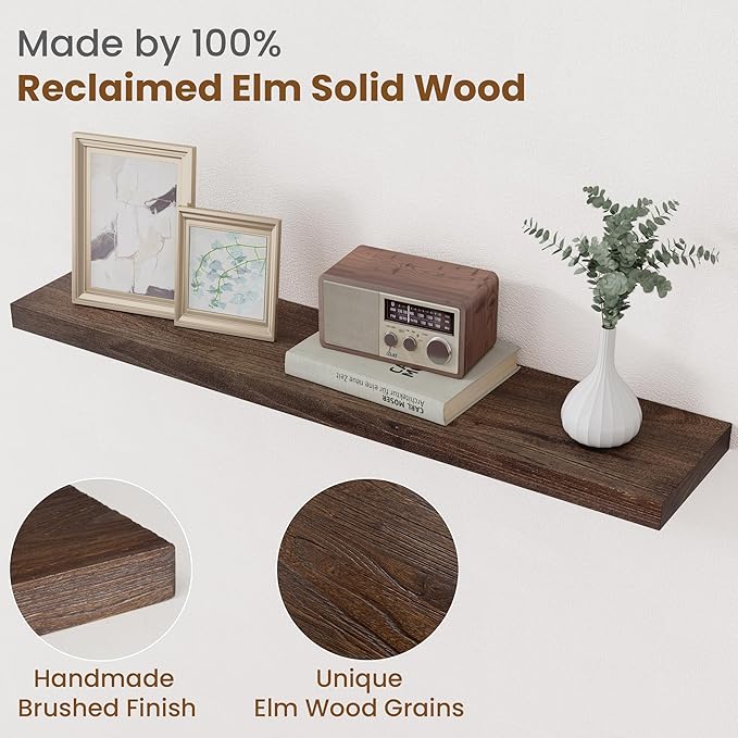 Floating Shelves for Wall Decor, 8 Inch Deep Rustic Solid Elm Wood Floating Shelves Wall Mounted, Wall Shelves with Invisible Bracket for Living Room Bathroom Bedroom Kitchen, 36 Inch Set of 2, Walnut