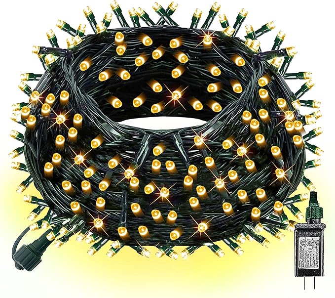 Dazzle Bright Christmas String Lights, Connectable Waterproof String Lights Green Wire with 8 Modes, Christmas Decorations for Indoor Yard Garden (Warm White, 300 LED)