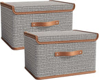 Tuza 2 Pack Storage Bins with Lids, Collapsible Closet Organizer Container, Fabric Organizer Box with Handles, Decorative Storage Boxes with Lids for Organizing Clothes, Blanket, Light Grey, Medium