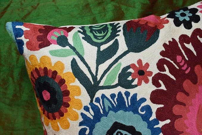 Polish Floral Decorative Pillow Cover Hand Embroidered Cream Flower Pillowcase White Botanical Traditional Outdoor Cushion Suzani Chair Pillowsham Couch Wool 18x18 Inch