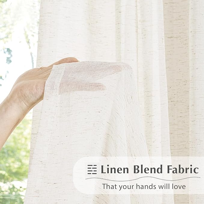 FMFUNCTEX Linen Sheer Pinch Pleated Curtains for Living Room, Linen Flax Beige 96 Inches Long Sheer Curtain Panels for Bedroom, Natural Back Tab Window Drapes for Farmhouse, Rod Pocket 2 Panels