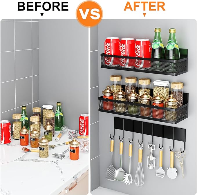 Magnetic Spice Rack for Refrigerator, 3 Pack Magnetic Shelf, Moveable Fridge Organizer with 8-Hook Rack, Seasoning Organizer for Kitchen