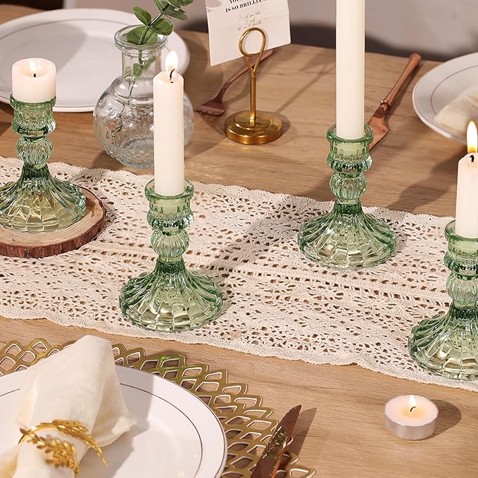 12PCS Green Candlestick Holders Set- 4" H Taper Candle Holders, Glass Candle Holders Bulk for Wedding, Party, Home Table Centerpieces, Festival Gifts & Windowsill Decor