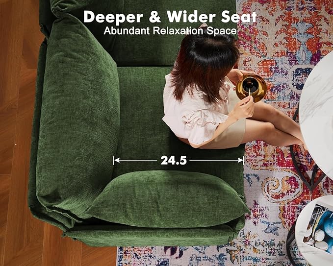Oversized Loveseat Sofa, Modern Modular Sectional Couch Green Fluffy Chenille Mid Century 2-Seat 24.5" Deep Seat for Apartment, Living Room, Bedroom