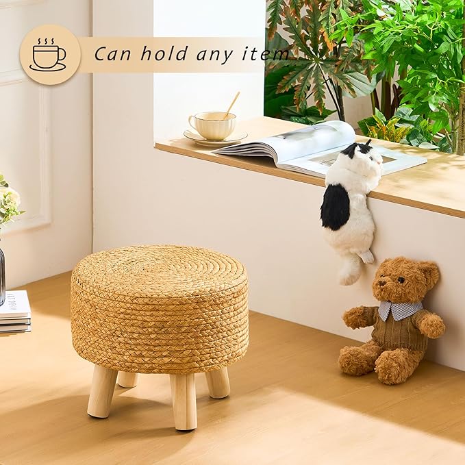 Handwoven Round Ottoman, Natural Water Hyacinth Outdoor Patio Pouf Seagrass Low Stool with Wood Legs, Soft Padded Footrest for Living Room Bedroom Garden, Natural