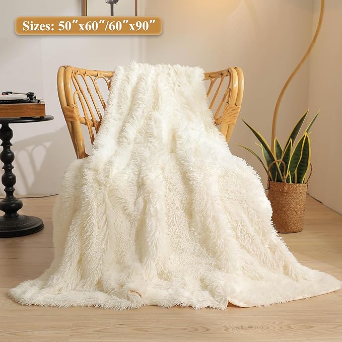 XeGe Luxury Faux Fur Throw, Ivory Soft 50x60 Fluffy Blanket, Ivory Shaggy Plush Decorative Couch Throw, Cute Furry Fuzzy Office Lap Blanket for Bedroom Living Room Beige