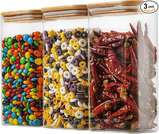 56oz Rectangle Airtight Glass Storage Containers with Bamboo Lids (Set of 3), Square Food Storage Jar, Pantry Organizers for Oats, Cereal, Pasta and Coffee beans (‎with Black Lable)