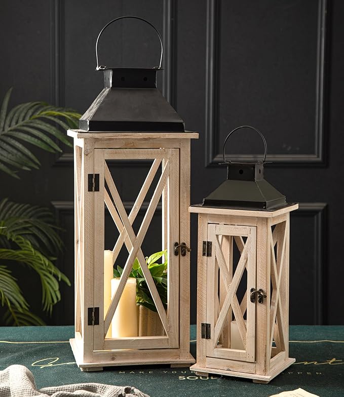TIMRIS Large Wooden Candle Lanterns Decorative Set of 2, Rustic Farmhouse Whitewash Floor Lanterns, Indoor/Outdoor Hanging Lanterns for Home Decor (No Glass)