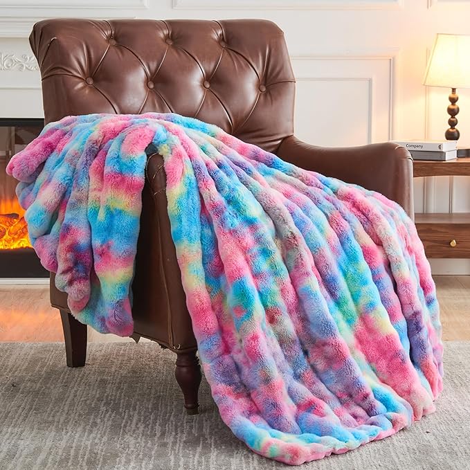 NEWCOSPLAY Faux Fur Throw Blanket Dark Rainbow Luxury Fluffy Thick Warm Bubble Blanket for Couch Sofa Bed 700GSM (Dark Rainbow, Throw(50"x60"))