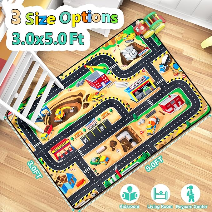 Kids 3x5 Ft Construction Site Play Rug, Baby Play Mat, Tufted Wool & Rubber, Non-Slip, Stain & Fade Resistant, Machine Washable, Rustic Cartoon Construction Site Pattern