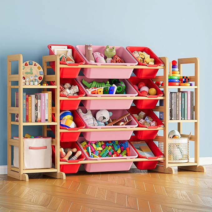 SpaceAid Toy Storage Organizer with 6 Shelves and 12 Bins, Toy Organizers Storage Bookshelf, Kids Bin Shelf Toys Box Bookcase for Bedroom Playroom Organization Room Decor, Red and Pink