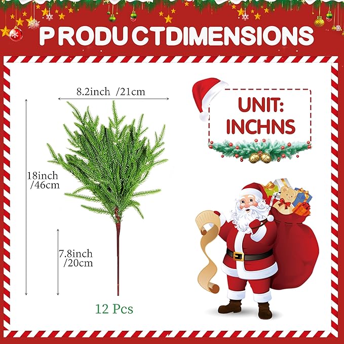 12Pcs Artificial Norfolk Pine Branches 18" Plastic Christmas Plants Decor Faux Greenery Stems Pine Picks Outdoor Faux Plants UV Resistant for Xmas Indoor, Front Porch Home Décor (12, 18inch)