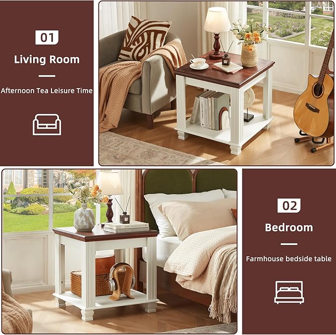 Farmhouse End Table with 2-Tier Storage Shelf, 22.8 inch Side Table for Living Room,Modern Nightstand,Small Bedside Table for Bedroom,White