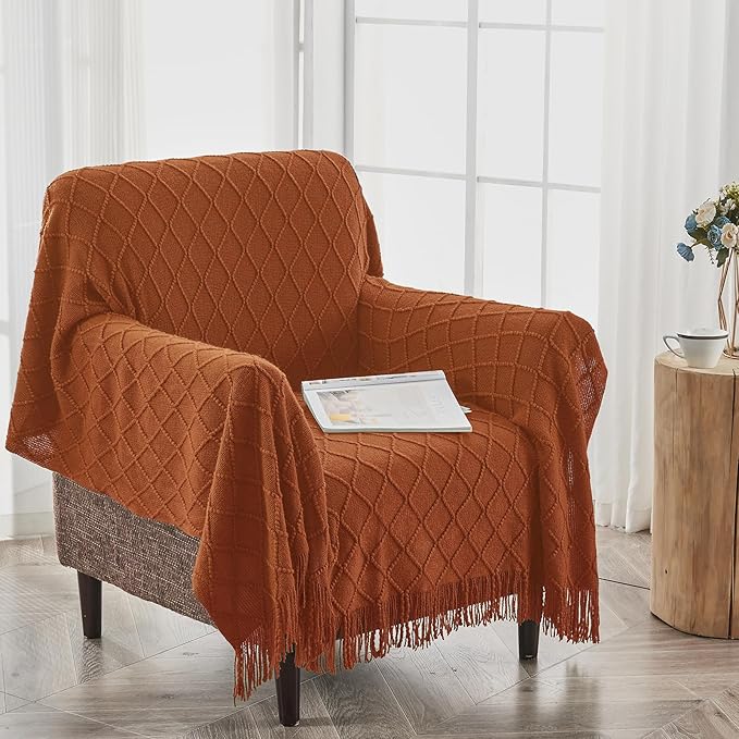 inhand Knitted Throw Blankets for Couch and Bed, Soft Cozy Knit Blanket with Tassel, Orange Rust Lightweight Decorative Blankets and Throws, Farmhouse Warm Woven Blanket for Men and Women, 60"x80"
