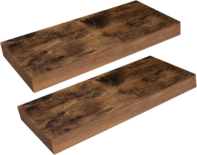 HOOBRO Floating Shelves for Wall, Wall Mounted Shelf Set of 2, 15.7" Hanging Shelf with Invisible Brackets, for Wall in Bathroom, Bedroom, Toilet, Kitchen, Living Room, Office, Rustic Brown BF40BJ01