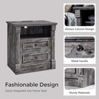26" Tall Farmhouse Nightstand Set of 2, 2 Drawers End Table w/Charging Station, 23.6" Wide Large Side Table w/Roman Column, Wood Rustic Sofa Table w/Open Shelf, Bedside Table for Bedroom, Light Gray