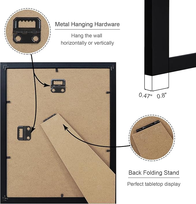 8x10 Picture Frame Set of 4, 8 x 10 Wood Photo Frames with Mat for 5x7, Wooden Frame with Real Glass Cover for Wall and Tabletop Display,Black