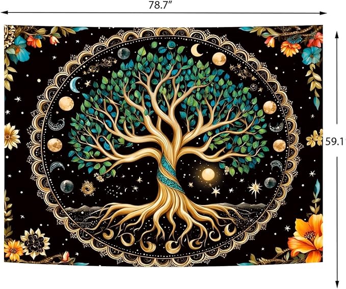 Delur Tree of Life Tapestry Moon Phase Nature Flower Plant Tapestry Wall Hanging Boho Mandala Spiritual Sun Aesthetic Psychedelic Headboard for Bedroom Living Room Home Decor (59.1" x 78.7")