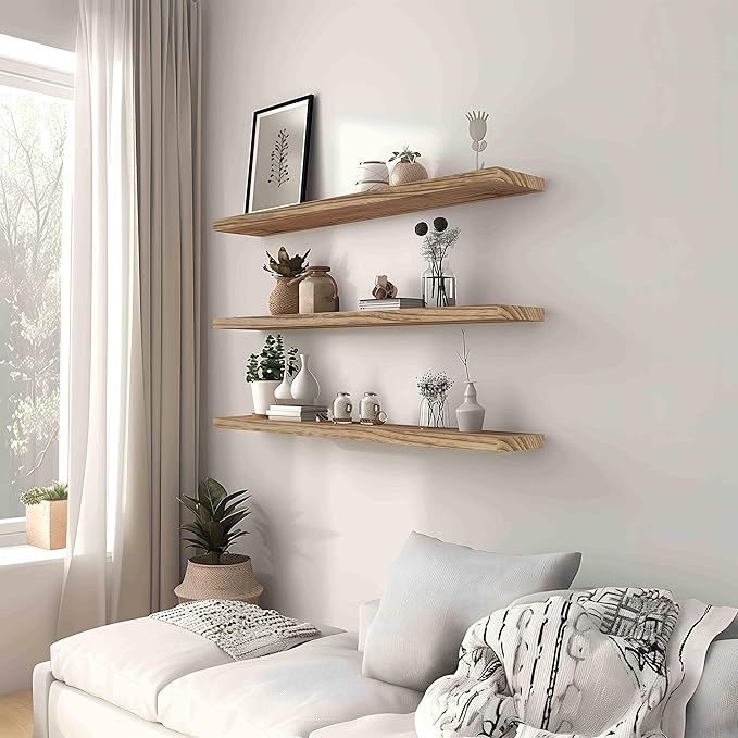 Wood Floating Shelves for Wall, Rustic Wall Shelves for Bedroom, Wall Mounted Floating Shelf, Set of 4 Light Walnut 36 Inch