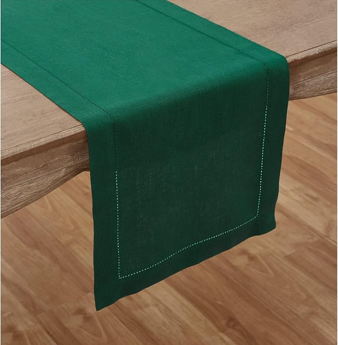 Solino Home Linen Rainforest Green Table Runner 120 Inches Long - 100% Pure Linen Hemstitch 14 x 120 Inch Table Runner for Dining, Fall, Autumn, Thanksgiving - Classic Hemstitch