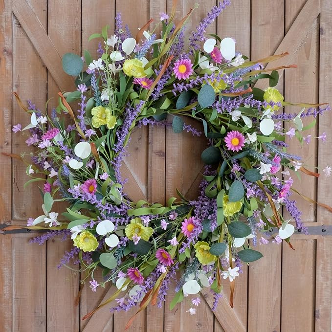 Idyllic 20 Inch Spring Summer Wild Flower Artificial Daisy Front Door Wreath, Everyday Greenery Eucalyptus Leaves for Indoor and Outdoor Use, Rustic Farmhouse Style Home Wreath Decor