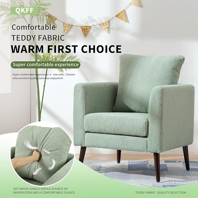 Barrel Accent Chair with Back Pillow, Large Teddy Upholstered Armchair with Solid Wood Legs Modern Reading Chairs for Living Room Bedroom