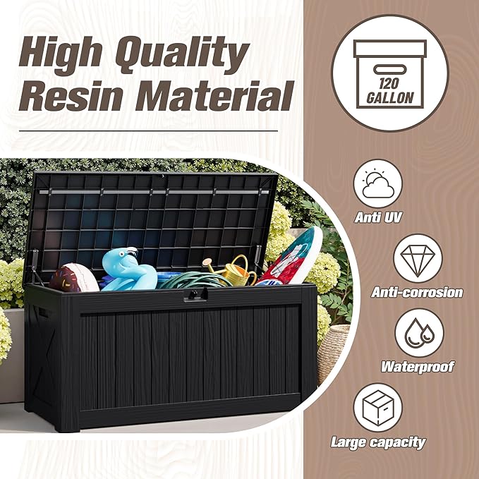JUMMICO 120 Gallon Resin Deck Box, Large Outdoor Storage Box Waterproof & Lockable for Garden, Patio, Pools (Black)