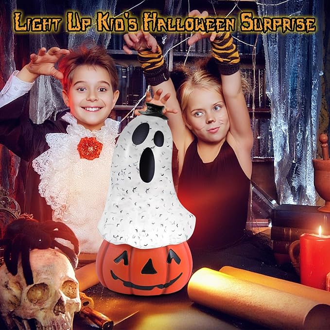 Halloween Snow Globe Lantern Spooky Glost and Pumpkin Halloween Snow Globes Musical Water Glitter Globe with 6H Timer Battery Operated or USB Powered for Spooky Home Decorations (Ghost and Pumpkin)