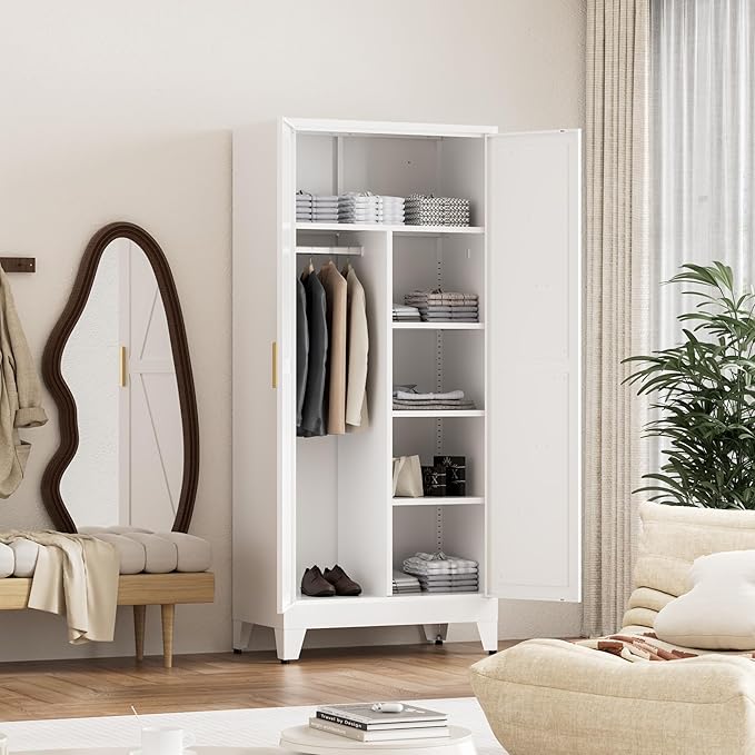 71'' Farmhouse Metal Wardrobe Cabinet with Hanging Rod, 2 Barn Door Wardrobe Closet with 5 Adjustable Shelves,Drawer,for Dining Room,Bedroom,Living Room, Cloak Room,Office (White)