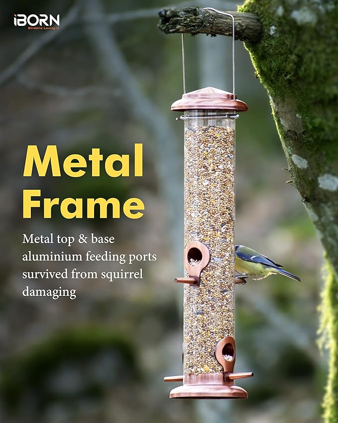 iBorn Metal Bird Feeders Metal Bird Feeder Copper for Outdoors Hanging All Metal Copper Finishing 14 Inch 4Port(Seed is not Included)