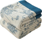 Boho Throw Blanket Twin Size, Soft Cozy Cotton Muslin Quilt Blanket for Bed Decor, Floral Patterned Couch Sofa Chair Cover, Vintage Farmhouse Cottage Tapestry Woven Blanket, Blue and White