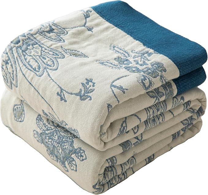 Boho Throw Blanket Twin Size, Soft Cozy Cotton Muslin Quilt Blanket for Bed Decor, Floral Patterned Couch Sofa Chair Cover, Vintage Farmhouse Cottage Tapestry Woven Blanket, Blue and White