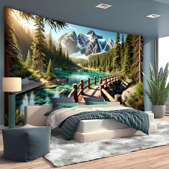 BSFHH Nature Tapestry Forest Tree Sea Cave Wall Hanging, Stream Through Rainforest Landscape Wall Art Tapestry for Bedroom Living room (Snow Scene, 110" × 87", Unframed)